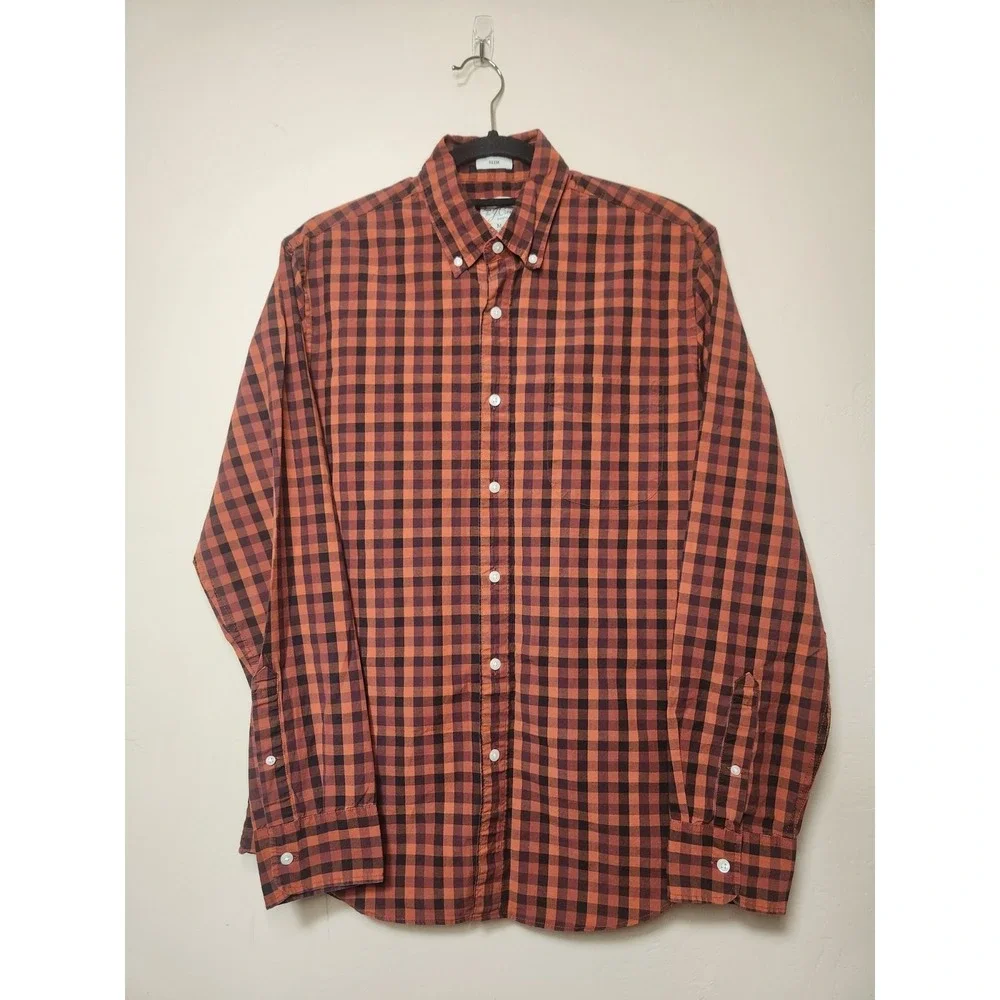 J. CREW Orange Checked Long Sleeve Button Down Slim Mens Size M‎